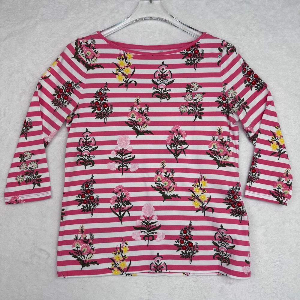 Talbots Pink White Striped Floral Boat Neck 3/4 Sleeve Tee Petite Medium MP